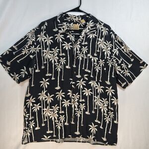 JOS A BANK 100% Silk Hawaiian Shirt Mens Large Palm Trees Black Tropical Hawiian